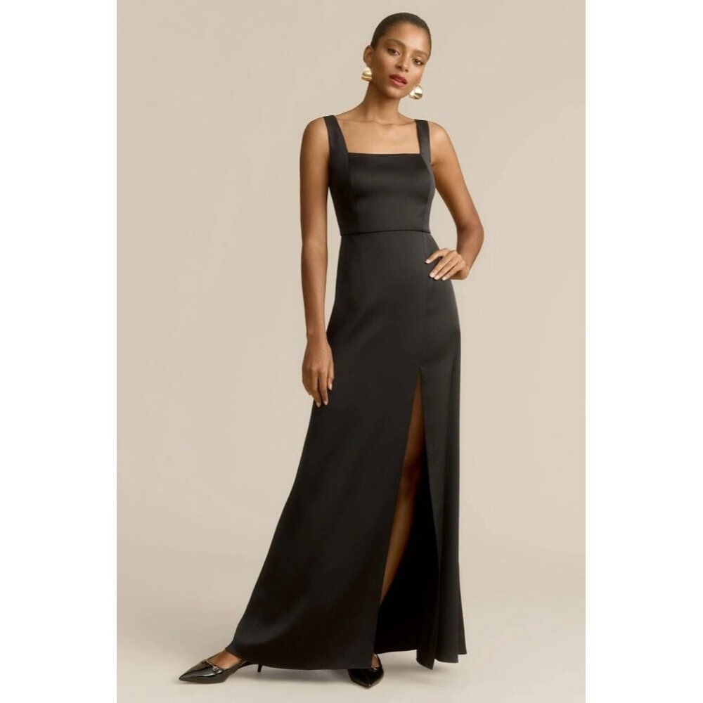 BHLDN Black Sophia Square-Neck Satin Sleeveless Maxi Dress Womens Size Large